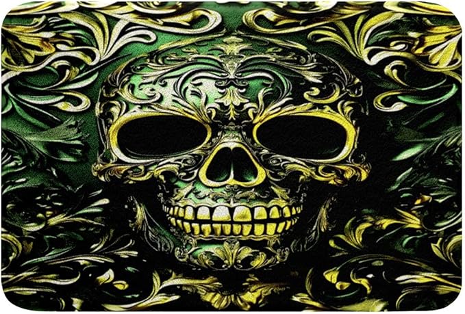 Gothic Bathroom Rugs, Green and Yellow Skeleton Bath Mat 16"x24", Sugar Skull Black Damask Doormat Goth Retro Exotic Bone Bathroom Decor, Victorian Antique Decor Halloween Skeleton Decorations - sugar skull toilet mat set