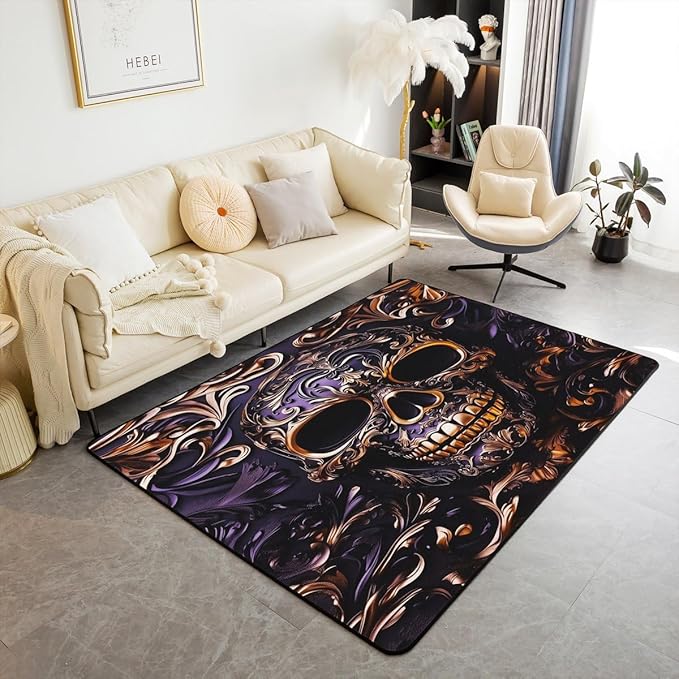 Gothic 3 x 5 Area Rug, Purple Gold Skeleton Rugs for Living Room, Exotic Bone Black Damask Washable Rug Goth Vintage Floral Sugar Skull Carpet, Antique Baroque Decor Halloween Skeleton Decorations - sugar skull area rug