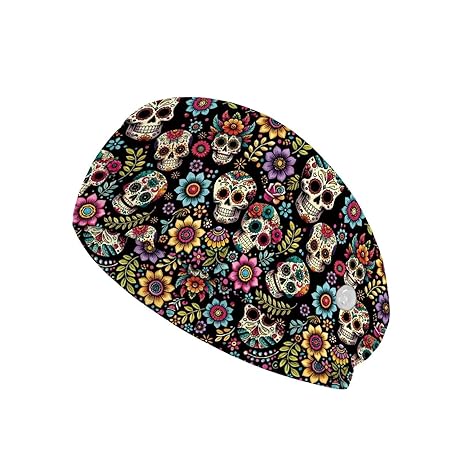 Sugar Skull Design Headbands with Buttons for Mask,Halloween Headbands for Women Non-Slip Elastic Workout Headband Hair Bands Protect Your Hair and Ears - sugar skull flower crown