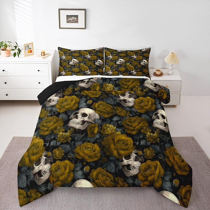 Erosebridal Halloween Gothic Skull Comforter Yellow Rose Sugar Skull Bedding Set Halloween Theme Comforter Set Toddler Size for Adults Men Women,Spooky Skeleton Retro Floral Quilt - sugar skull bedding set