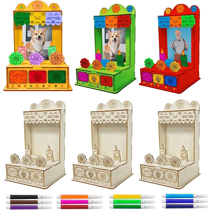 Cinrobiye 6 Pcs Day of The Dead Pet Ofrenda Box DIY Wooden Sugar Skull Altar with Photo Frame Dia de Los Muertos Memorial Decorations for Pet Dog Cat Remembrance Halloween Home Altar Supplies - sugar skull candle holder