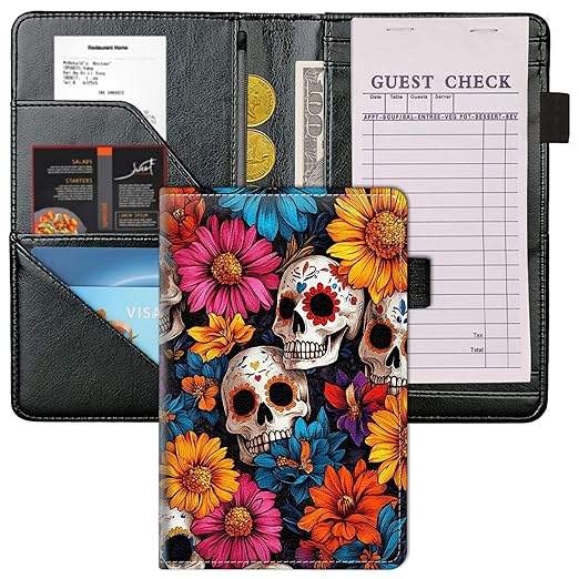 PU Leather Server Book for Waitress, Compact 8"×5" Waiter Wallet with Card, Cash, Receipt, Coin & Guest Check Pad Slots, Cute & Professional Organizer - Sugar Skulls - sugar skull wallets for women