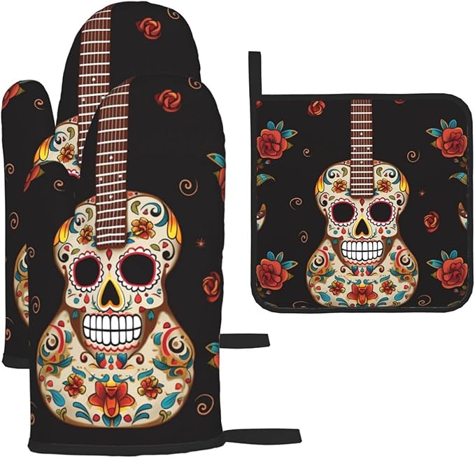 Guitar Pepper Sugar Skull Oven Mitts and Pot Holder Set of 3 Heat Resistant Oven Glove Set Non-Slip Potholders Kitchen Oven Gloves and Hot Pad for Baking Cooking Grilling BBQ Mitt - sugar skull oven mitts