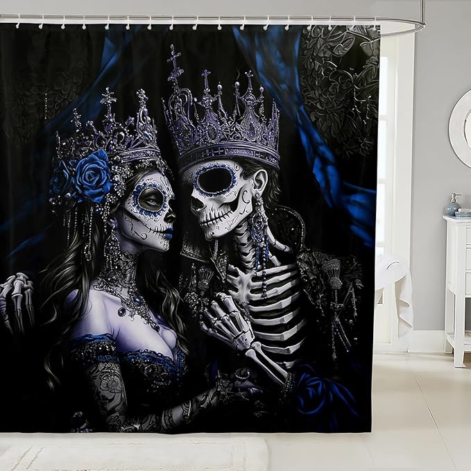 Sugar Skull Couple Shower Curtain Set, Vintage Gothic Bathroom Accessories 72"Wx72"L,Retro Goth Skeleton Decor Victorian Antique Decor Bone Exotic Bath Curtain,Blue Rose Floral Room Decor Aesthetic - sugar skull shower curtain set