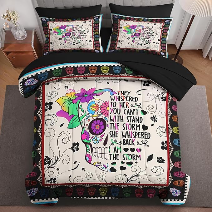 7 Pcs Comforter Set Queen Size, Mexican Sugar Skull Bed in a Bag with Flat Sheet and Fitted Sheet for Kids and Adults, Colorful Flower Skeleton Bedding Set with 2 Pillowcases & 2 Shams - sugar skull bedding set
