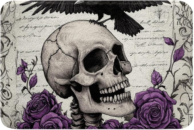 Erosebridal Halloween Gothic Skull Bathroom Rug Non Slip Goth Sugar Skull Bath Mat for Bathroom Retro Bones Skeleton Door Mat for Bedroom,Purple Roses Crows Entrance Rug 16"x24" - sugar skull toilet mat set