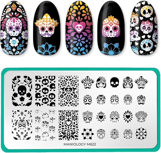 Maniology Sugar Skulls Nail Stamping Plate | Halloween Skull Masquerade Designs, Gothic Floral Crown Patterns for DIY Manicures - Reusable, Rectangular, Stainless Steel Nail Art Template - sugar skull nail art