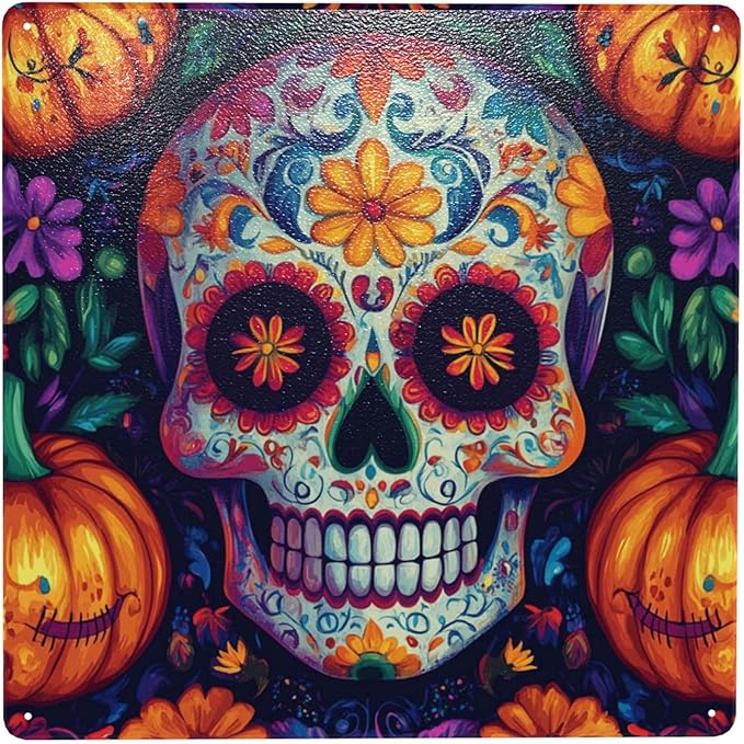 Sugar Skull With Floral Pattern & Pumpkins Square Metal Tin Sign,Festival-Themed Home Wall Art,Living Room, Bedroom, Playroom, Office Walls Adorned With Aluminum Plaques 8x8 Inch - sugar skull poster print