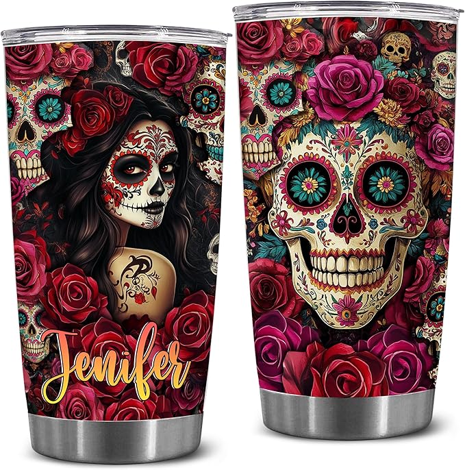 Personalized Floral Sugar Skull Tumbler - Gothic Sugar Skull Gifts For Women - Day of the Dead Present - Halloween, Birthday Cup For Girl, Daughter - Skulls Lovers Stainless Steel Cup - sugar skull tumbler with straw