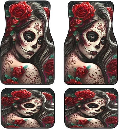 Rose Sugar Skull Girl 01 Car Floor Mats Set of 4 Vehicle Front Rear Carpets Mats Universal Car Floor Rugs Auto Car Accessories for Van Truck - sugar skull area rug