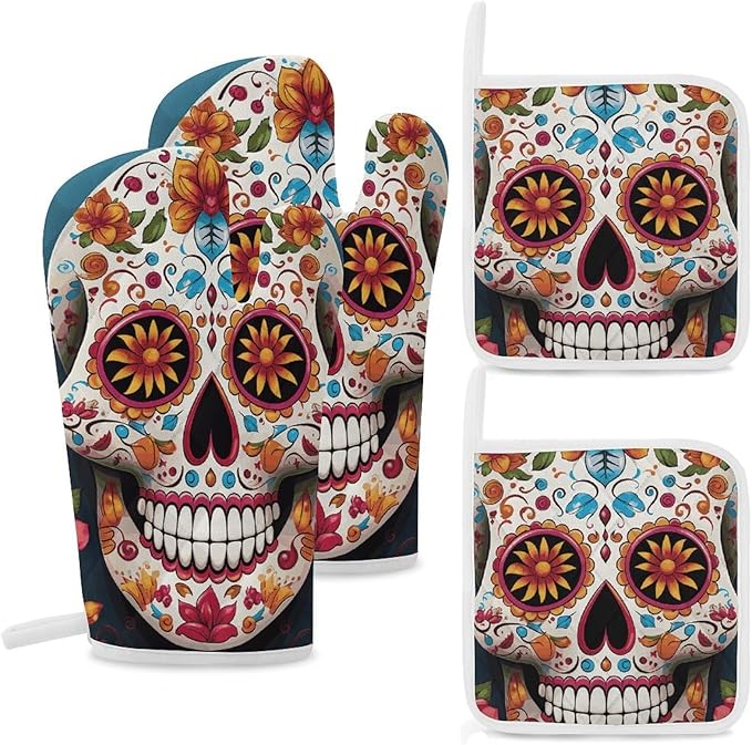 Colorful Sugar Skull Oven Mitts Pot Holders 4 Pcs Set Heat Resistant Potholders Kitchen Mittens Set Non-Slip Hot Pads and Oven Gloves Sets for Cooking - sugar skull oven mitts