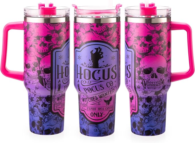 40oz Skull Flower Tumbler With Lid and Straw, 40oz Tumbler Wrap, Stainless Steel Insulated Tumbler for Water, Iced Tea or Coffee (Pink Skull) - sugar skull tumbler with straw