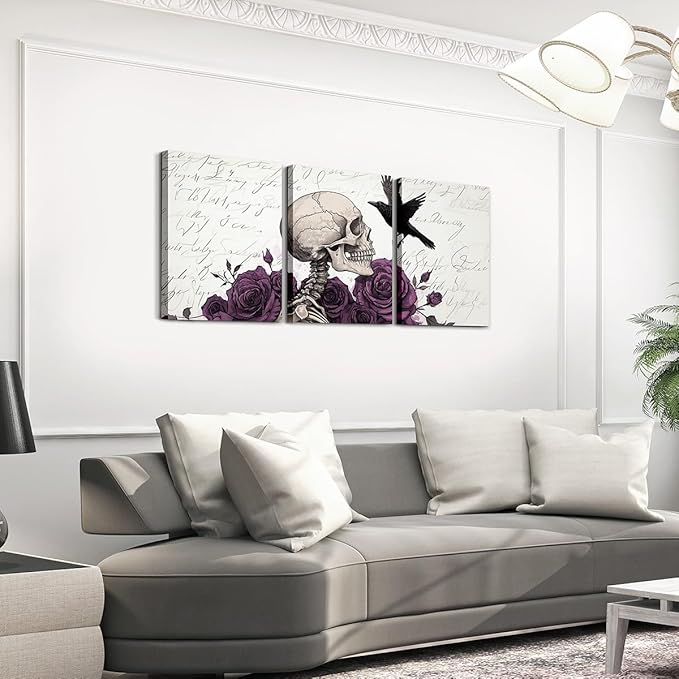 Erosebridal Goth Bones Skeleton Canvas Wall Art set of 3 Halloween Theme Pictures Wall Decor Framed Gothic Sugar Skull Posters Prints,Purple Rose Crow Print Paintings For Bedroom 12"X16" - sugar skull poster print