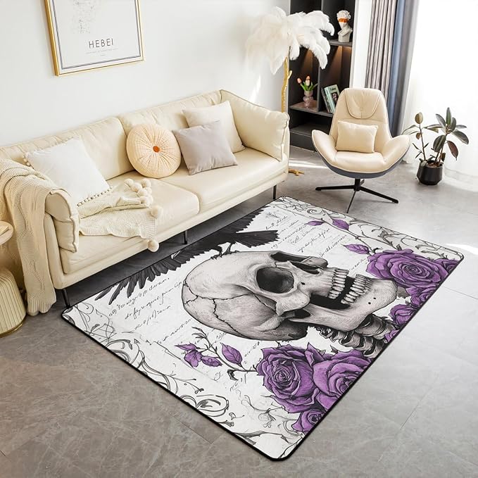 Erosebridal Halloween Gothic Skull Area Rug 5x7 Goth Sugar Skull Living Room Rug Non Slip Retro Bones Skeleton Carpet for Bedroom Kitchen Purple Roses Crows Indoor Floor Mat Non Slip - sugar skull area rug