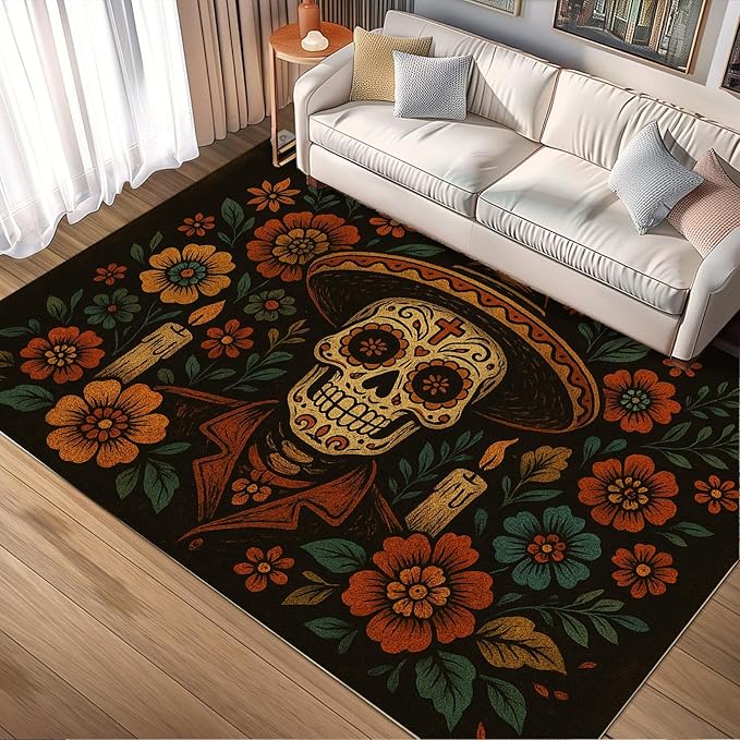 4x5 Sugar Skull Area Rugs, Day of The Dead Skeleton Small Rugs for Bedroom, Mexican Retro Flowers Low Pile Carpet for Playroom Living Room Table Nursery Bathroom - sugar skull area rug