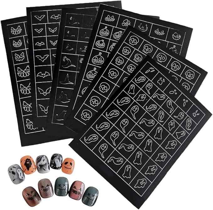 Nail Stencils for Nail Art - 6 Sheets Halloween Airbrush Stencils with Skull & Pumpkin Designs, Self-Adhesive Hollow Manicure Guides (6) - sugar skull nail art