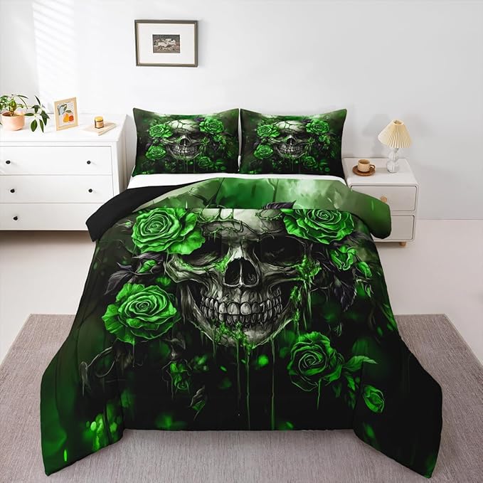 Erosebridal Gothic Skull Bedding Set Twin Rose Sugar Skull Halloween Comforter Set for Adults Men Women,Green Floral Spooky Skeleton Comforter Plants Flowers Rose Quilt Duvet - sugar skull bedding set