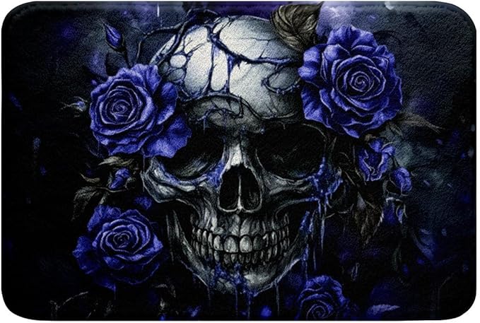 Erosebridal Halloween Gothic Door Mat Rose Skull Navy Blue Bath Mat Non Slip Sugar Skull Floral Bathroom Rugs 20"X32" for Adults Men Women,Halloween Spooky Skeleton Blue Purple Bath Rug - sugar skull toilet mat set