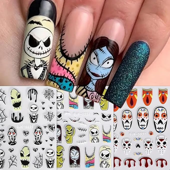 3 Sheets Halloween Nail Art Stickers Decals Pink Skull Spider Web Sugar Skull Nail Decoration 3D Self-Adhesive Nightmare Christmas Stickers for Women Girls - sugar skull nail art