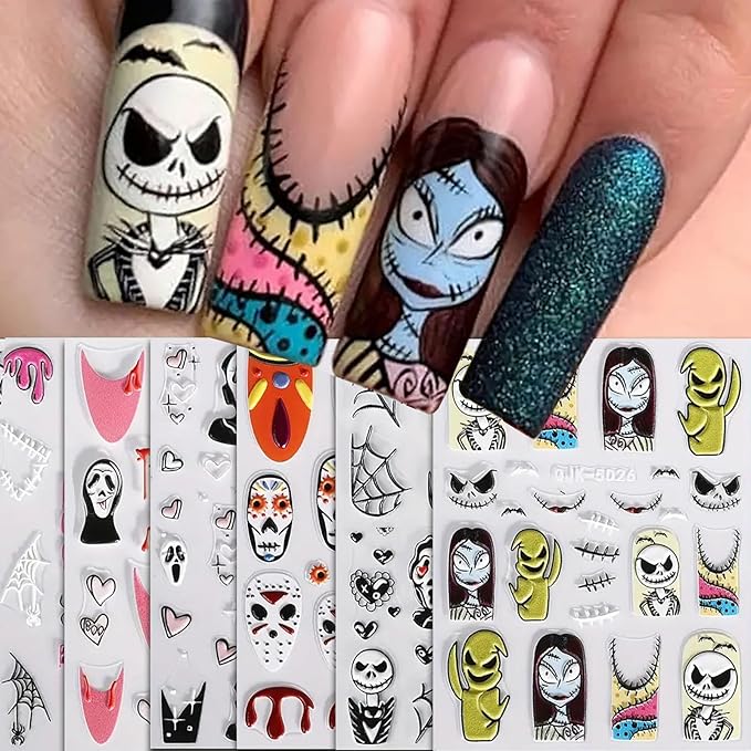 6 Sheets Halloween Nail Art Stickers Decals Pink Skull Spider Web Sugar Skull Nail Decoration 3D Self-Adhesive Nightmare Christmas Stickers for Women Girls - sugar skull nail art