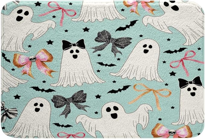 Erosebridal Kawaii Ghost Bathroom Rugs Bats Halloween Decoration Gothic Bath Mat - Halloween Bow Spider Web Bowknot Skeleton Sugar Skull Doormat 20"x32",Teal - sugar skull toilet mat set