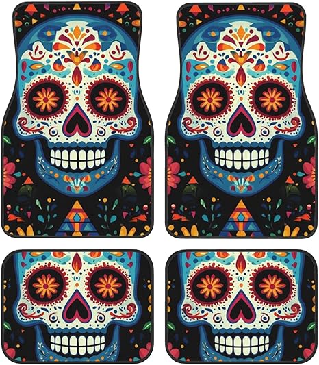 Car Floor Mats 4 Piece Universal Automotive Floor Mats Sugar Skulls Car Mat Set Rubber Floor Mats for Cars Non-Slip Car Foot Pad Car Carpet Decor Heel Pad for Most Vehicles - sugar skull car floor mats