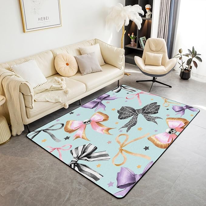 Bowknot Skeleton Halloween Decor Gothic Large Area Rug 5x7 - Halloween Bow Spider Web Living Room Rug Horror Cobwebs Rugs for Bedroom, Spooky Bones Sugar Skull Carpet Indoor Floor Mat,Teal - sugar skull area rug