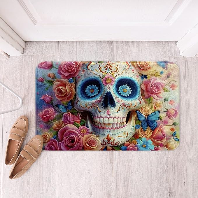Erosebridal Sugar Skull Bathroom Rugs 20" x 32" Skeleton Bath Mat Flowers Floral Daisy Gothic Ethnic White Spooky Bohemian Adults Halloween Water Absorbent Doormat - sugar skull toilet mat set