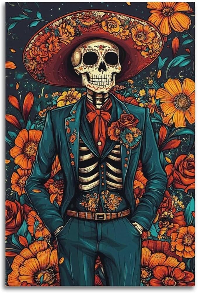 Vintage Mexican Skull Floral Wall Art Poster, Day of The Dead Prints, Dia De Los Muertos Party Decoration, Sugar Skull Halloween Aesthetic Decorative Modern Art Print 12x18inch(30x45cm - sugar skull poster print