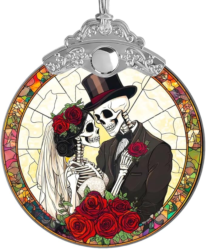 Skeleton Ornament Suncatcher, Funny Gothic Home Decor, Ghost Ornaments , Skeleton Bride and Groom with Roses, Unique Halloween Suncatcher Decor, Christmas Ornament 2025 - sugar skull christmas decorations