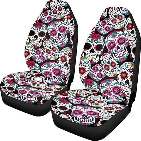 Dreaweet Sugar Skull Design Seat Covers for Cars Halloween Car Accessories Interior 2 Piece Easy Installation Elastic Front Car Seat Cover Washable Universal Fit SUV Sedan Trucks - sugar skull car seat covers set