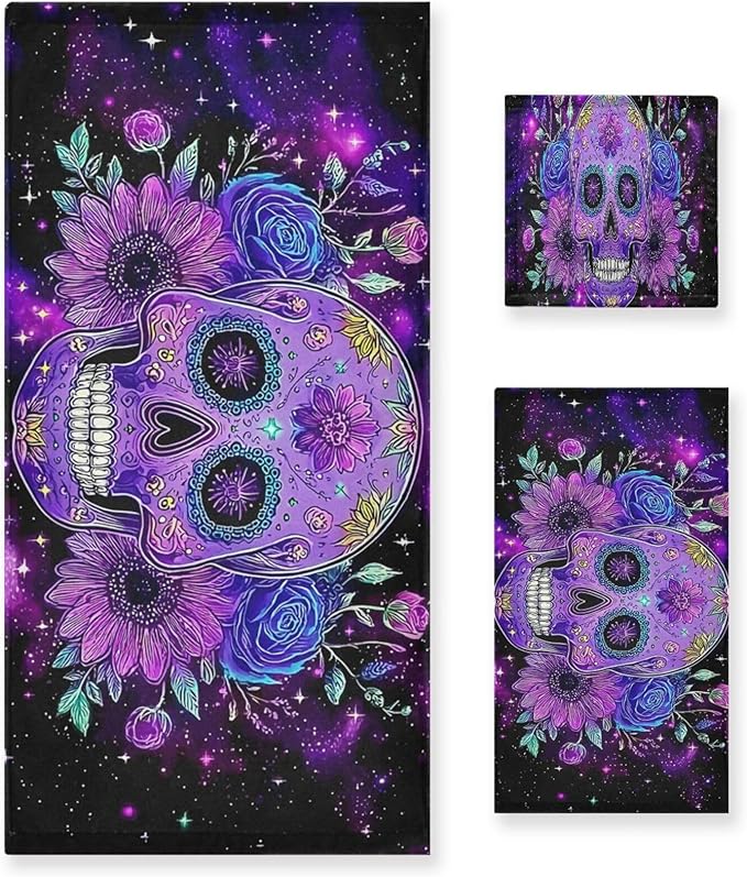 Halloween Purple Sugar Skull Flowers Stars Bathroom Towel Set of 3 Pcs Hand Fingertip Towels 1 Bath Towel 1 Hand Towel 1 Washcloth for Home Bathroom Gym Beach Swim Soft Highly Absorbent Multipurpose - sugar skull beach towel