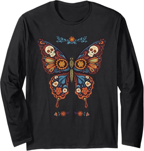 Vintage Mexico Art - sugar skull long sleeve shirt mens