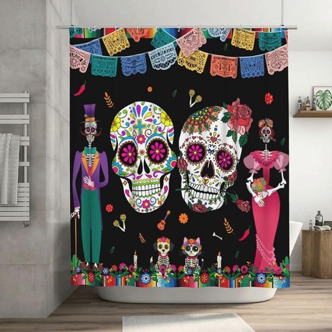 Mexico Fiesta Shower Curtain Sugar Skull Dia De Los Muertos Mexican Pattern Duty Fabric Shower Curtain Set Bathroom Polyester Waterproof with 12 Hook, 55x72Inch（140x183cm） - sugar skull shower curtain set