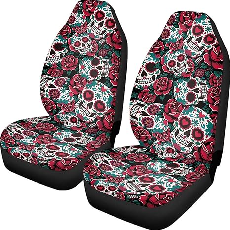 Sugar Skulls Front Car Seat Cover Breathable Roses Car Seat Cover Protector Front Seats Elastic Polyester Auto Interior Covers 2 Pack Universal Fits Most Cars,SUVs,Sedans - sugar skull car seat covers set