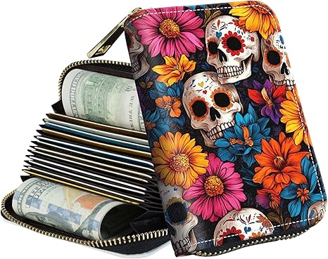 Zipper Wallet for Women, RFID Blocking Credit Card Holder with Accordion Design, Small Compact PU Leather Wallet with Gift Box - Sugar Skulls - sugar skull wallets for women
