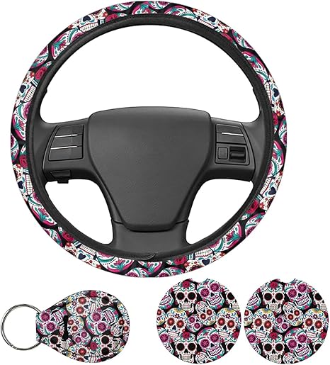 Sugar Skull 4pcs Steering Wheel Cover Set - Car Cup Coasters & Keyring Car Accessories Universal Fit 14.5-15 inch Wheel Auto SUV Sedan Vans Trucks - sugar skull coffee cup