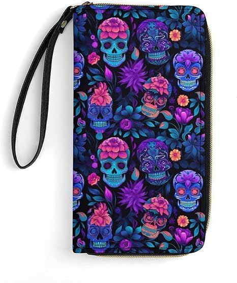 Neon Sugar Skull Womens Leather Wallet with Wrist Strap Ladies Clutch Purses for Cash/Card/Coin/Smart Phone Ladies Gift - sugar skull wallets for women