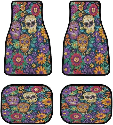 Sugar Skulls Floral 4 Pieces Car Mats Non Slip Rubber Backing Car Floor Mat for Car SUV Truck,or Van - sugar skull car floor mats