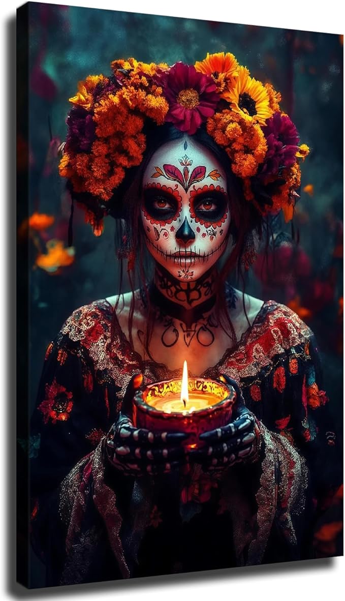 Day of The Dead Wall Art, Sugar Skull Woman Wall Decor, Mexican Skull Painting Wall Art, Dia De Los Muertos Artwork for Living Room Ready To Hang (Wrapped Canvas,16×24 inch) - sugar skull poster print