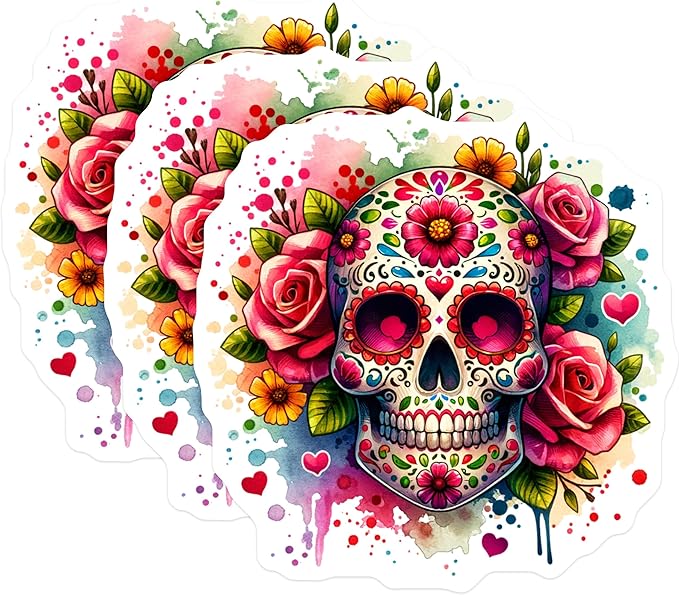 (3 Pack) Sugar Skull Decals - Day of The Dead - Floral Skull Decals - 3 Inches On Longest Side - Easy Peel & Apply - Made in USA - 3MCS8012 - sugar skull garden decor