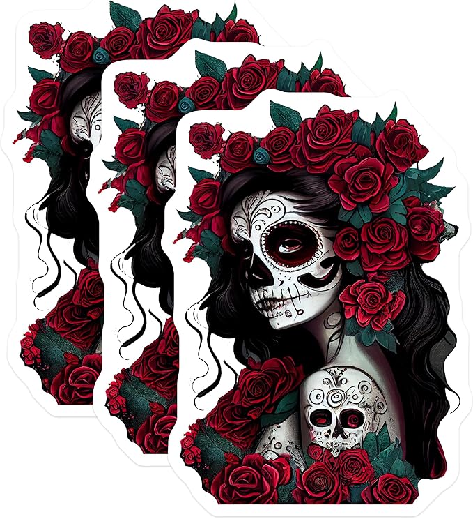 (3 Pack) Sugar Skull Decals - Day of The Dead Sticker - Floral Skull - Laptop Decals - 3 Inches On Longest Side - Easy Peel & Apply - Made in USA - 3MCS7966 - sugar skull garden decor