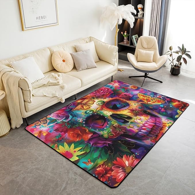 Erosebridal Skeleton Area Rug 4'11" x 3'3" Floral Living Room Rugs for Sugar Skull Flowers Boho Butterfly Halloween Adults Decorative Carpet Colorful Rainbow Non Slip Indoor Floor Mat - sugar skull area rug