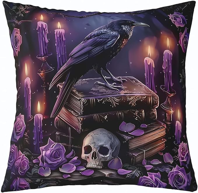 Erosebridal Crow Throw Pillow Cover 22x22 Inch Sugar Skull Cushion Cover for Skeleton Purple Flowers Gothic Rosy Floral Romantic Candle Cushion Case Halloween Adults Decorative Pillowcase - sugar skull candle holder