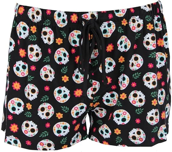 Pillow Talk Women's Day of The Dead Skull Pajama Shorts (2 Pack), Small, Black - sugar skull throw pillow