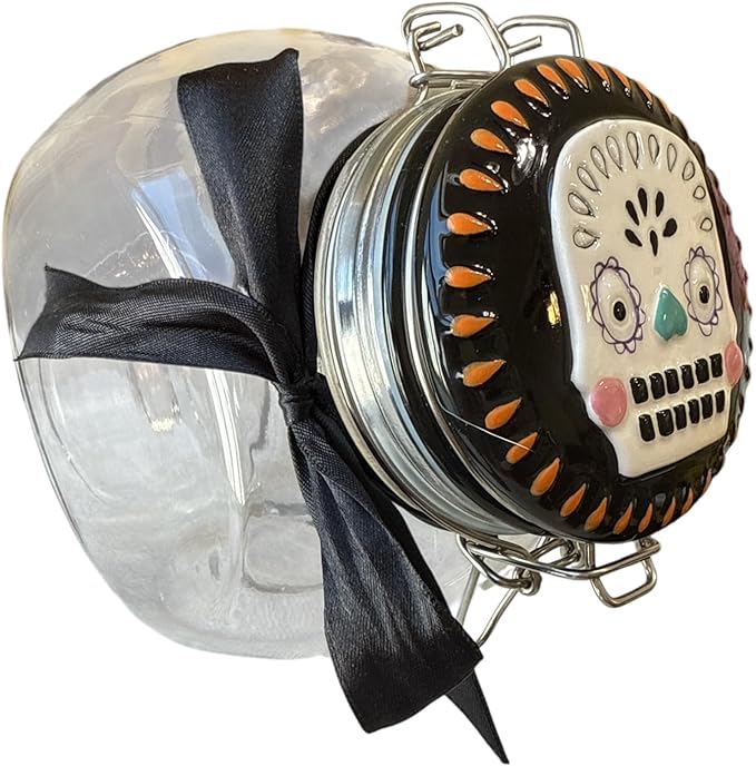 Day of the Dead Sugar Skull Glass Storage Jar, 8" x 7.5", Clear with Decorative Lid and Black Ribbon - sugar skull wine glass