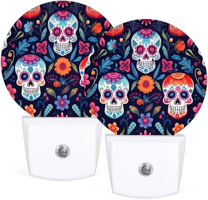Day of The Dead Sugar Skull LED Night Light, Dusk to Dawn Sensor Automatic Dimmable Plug-in Night Light for Bedroom Bathroom Kids Room Hallway Stairway 2 Pack - sugar skull table lamp