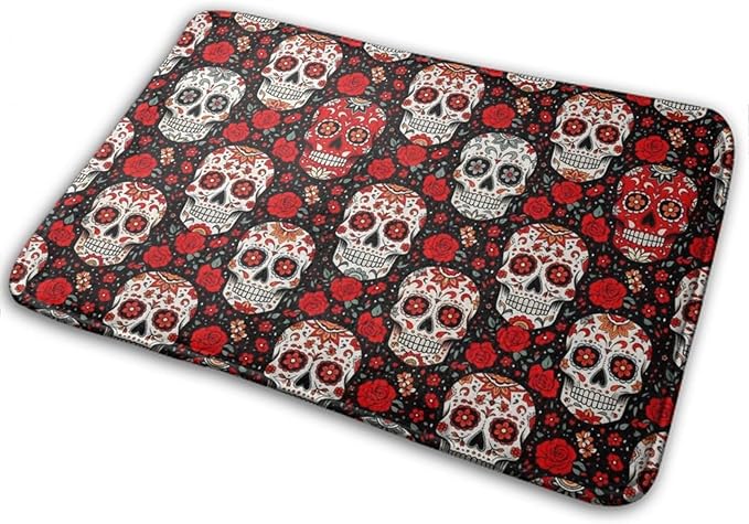 Soft Non-Slip Bath Rugs Absorbent Water Bathroom Rugs Day Dead Floral Rose Sugar Skull Floor Mat Non-Slip Area Carpet for Shower Room Bathtub, 16x24 Inch - sugar skull floor mat