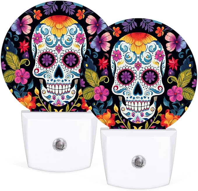 Colorful Flower Sugar Skull LED Night Light, Dusk to Dawn Sensor Automatic Dimmable Plug-in Night Light for Bedroom Bathroom Kids Room Hallway Stairway 2 Pack - sugar skull table lamp