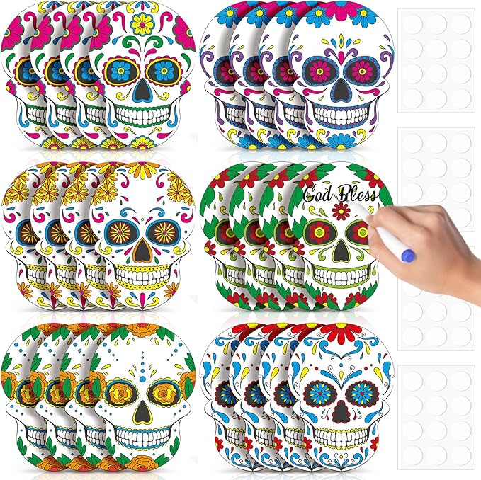 TaoBary 24 Pcs Day of The Dead Decorations Sugar Skull Cutouts Paper 7.09 Inch Dia De Muertos Party Decorations Sugar Skull Bulletin Board Decor for Mexican Halloween Classroom Altar Wall Crafts - sugar skull christmas ornament